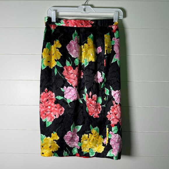 M.B.S. of California 100% Silk Floral Skirt Black with Bright Colors Sz 6 +Belt - Picture 6 of 9